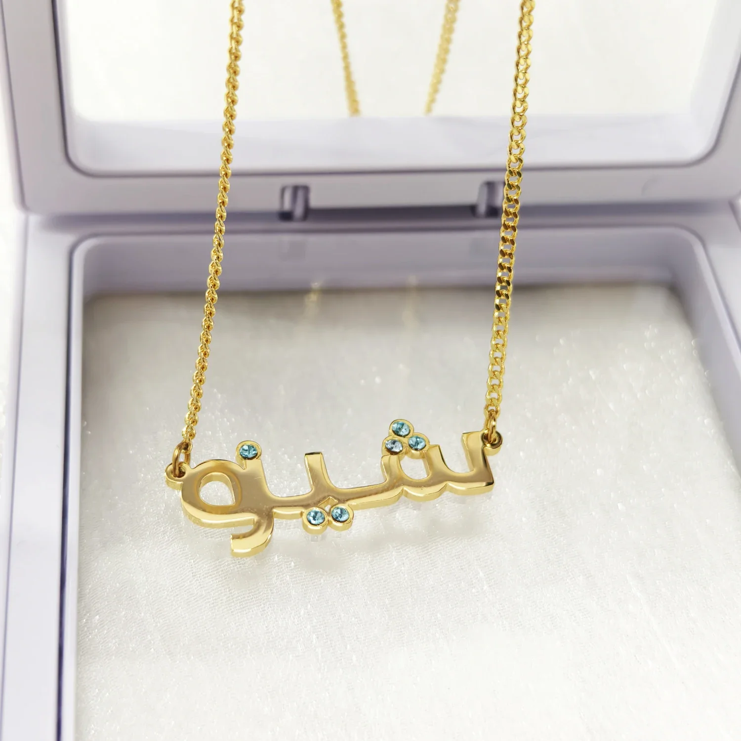 

Custom Green Crystal Name Necklace Calligraphy Arabic Name Pendant Personalized Islam Necklace Handmade Arabic Jewelry For Her