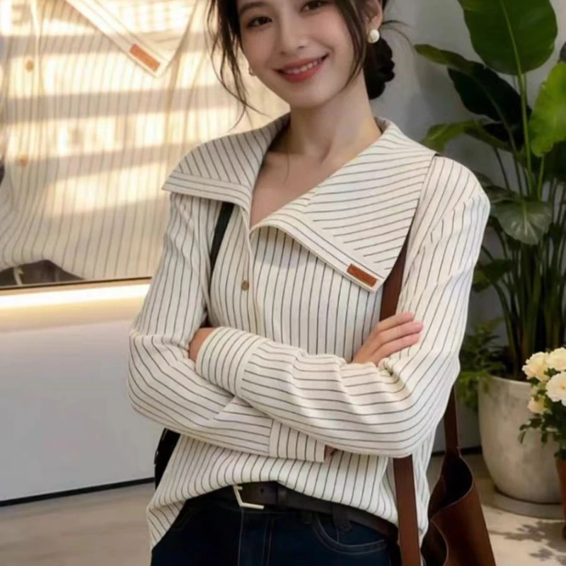 

Vintage Women's Blouses Stripe Casual Shirts Fashion Loose Spring/Summer Korean Clothing Long Sleeves Women Tops