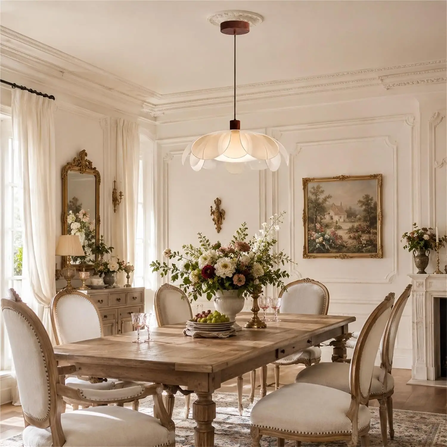 French Floral Pastoral Chandelier Walnut Iron Pendant Lamp Multi-Layer Petal Acrylic Shade Hanging for Dining Room Bedroom