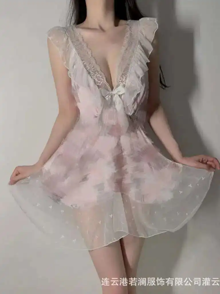 فستان مثير مثير ثوب النوم الحب القط الرغبة النقية الرياح القوس الدانتيل منامة عارية الذراعين التفاف الصدر الحمالات فستان بلا أكمام سحر HHII