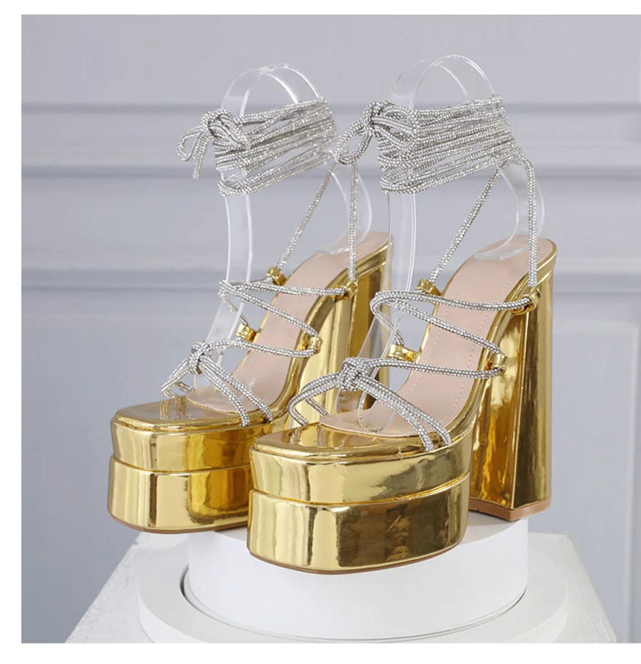 AIYKAZYSDL Gold Pink Silver Metallic Sandals Gladiator Crystal Butterfly-Knot Pumps Platform Block Ultra High Heel Dance Shoes