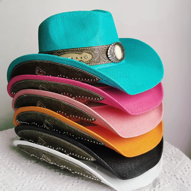 

Summer Hard Embroidery Western Cowboy Straw hat women Fashion Large Brim straw hat Party Outdoor Sunshade Hat sombrero vaquero