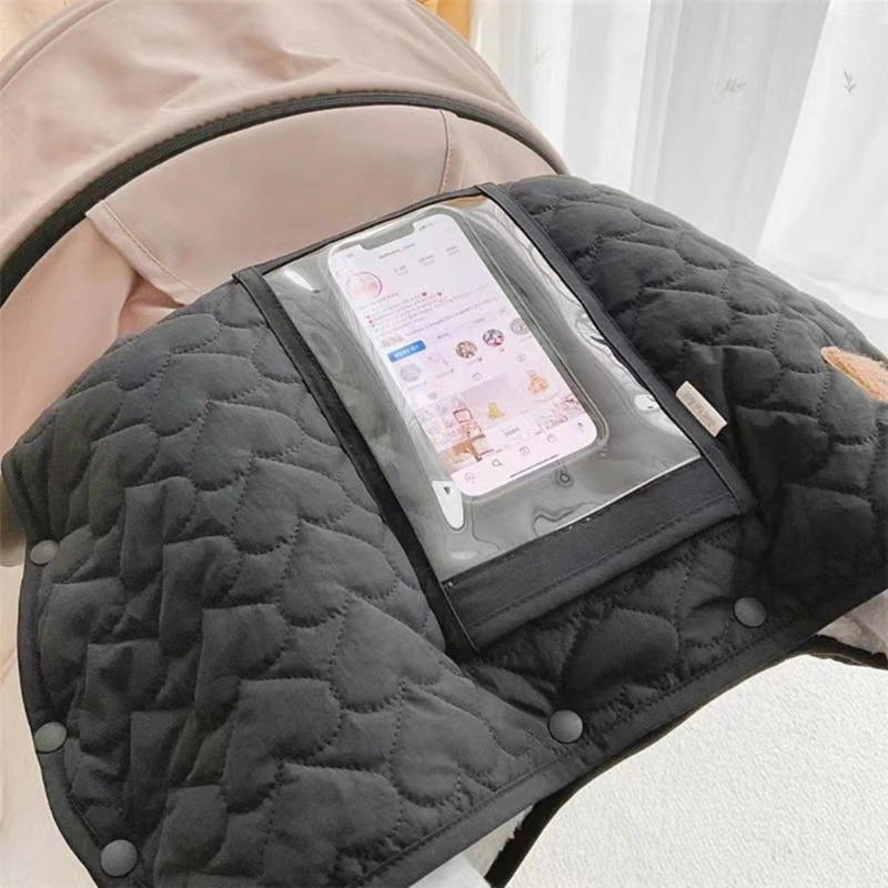 Luva de inverno quente com bolso do telefone para o bebê, impermeável Fur Mitten, Hand Muff para Pram, Carriage Pushchair, Buggy Stroller Acessórios