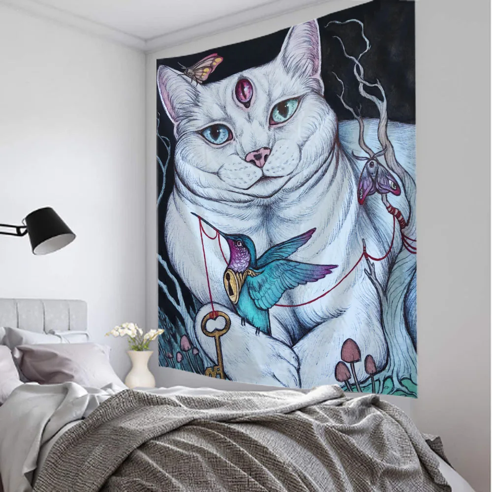Cat tapestry, Tarot art wall hanging cloth, hanging on the wall, witchcraft, Bohemian home decoration, hippie room decoration