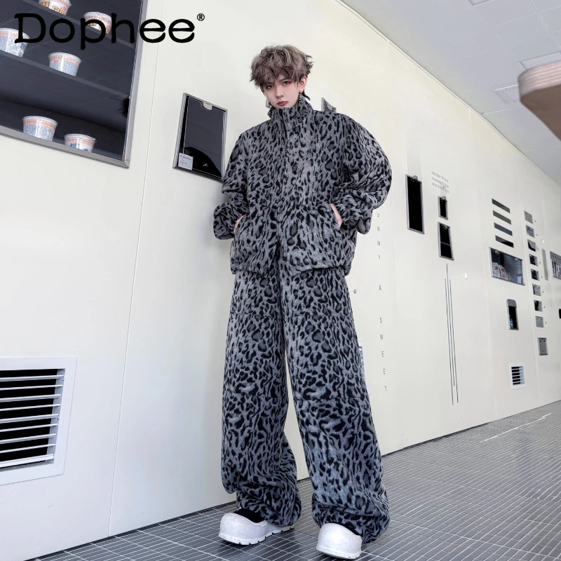 

Men's 2025 Autumn Winter New Retro Stand Collar Double Zipper Leopard Print Sweatshirts High-end Chic Long Pants Two-piece Sets