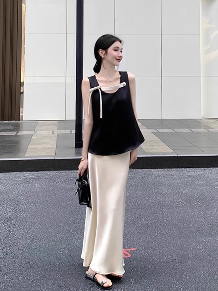 

Шелковый комплект с юбкой-полусолнце для женщин, весна-лето 2025, новая популярная модель, дизайнерская сенсация класса люкс, с коротким рукавом и круглым вырезом, без застежек