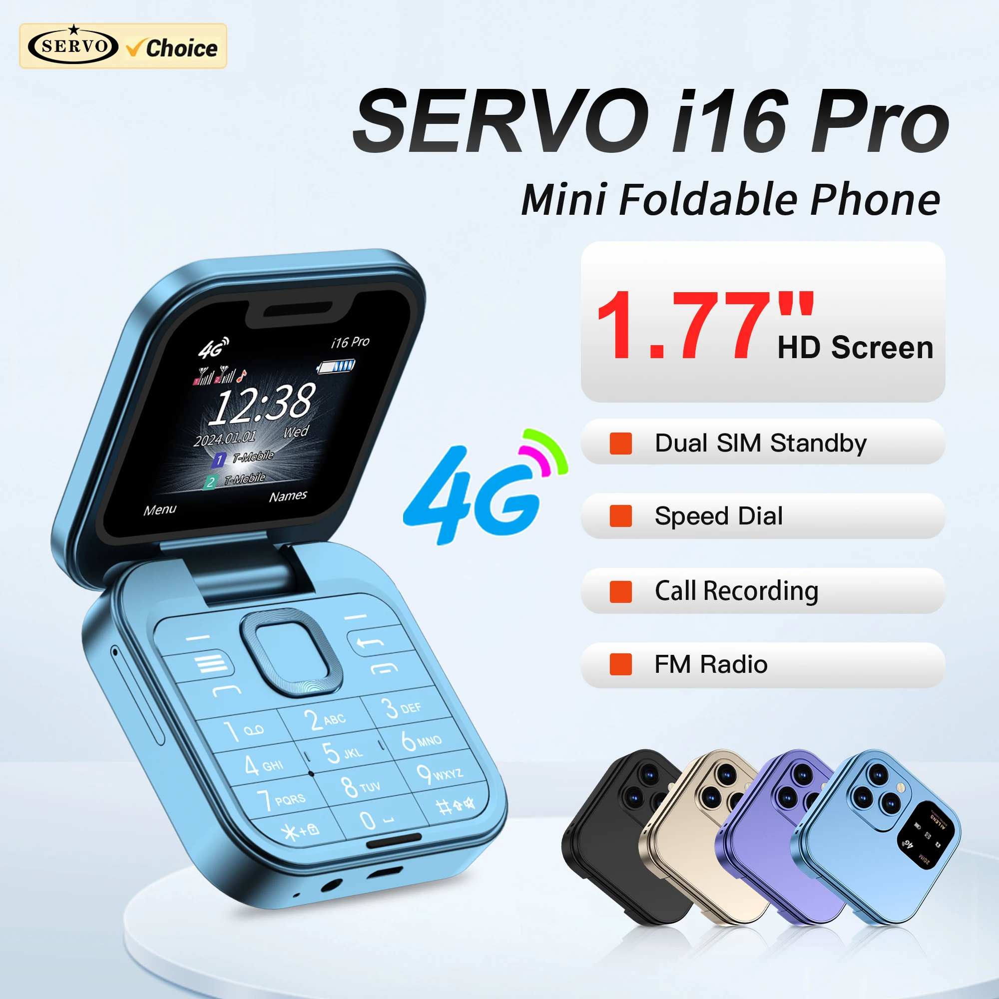 SERVO i16 PRO 4G LTE 미니 플립 휴대폰 듀얼 SIM 대기 통화 녹음 스피드 다이얼 FM 라디오 1.77인치 화면 접이식