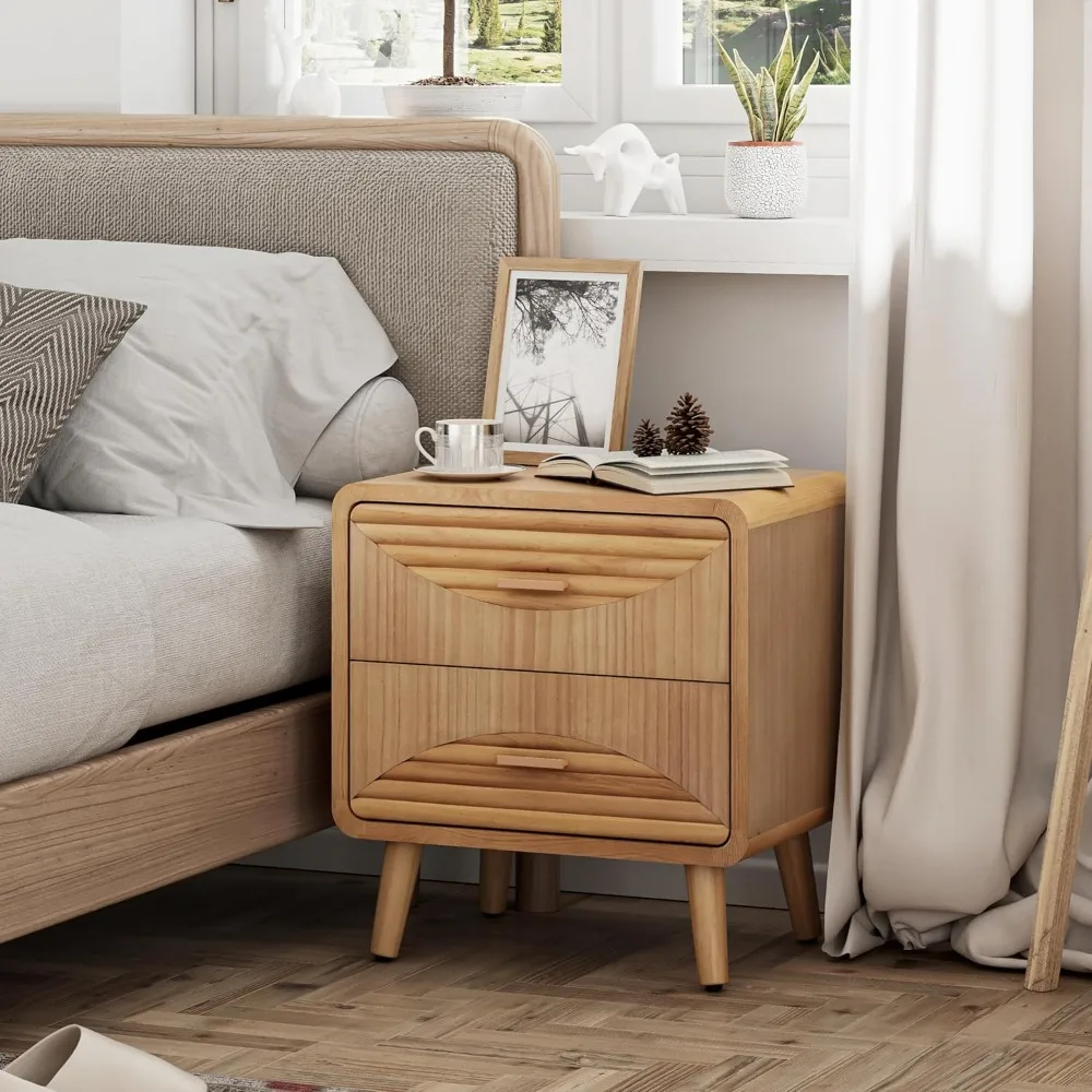 handcrafted mid-century farmhouse nightstand with two drawers, boho rustic style, natural wood finish