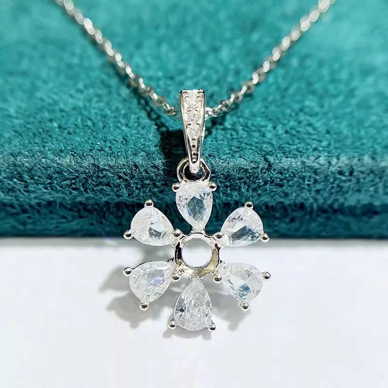 MeiBaPJ 3 Colors 4mm Round Stone Genuine 925 Silver Flower Zircon Pendant Necklace Empty Fitting Fine Wedding  Jewelry for Women