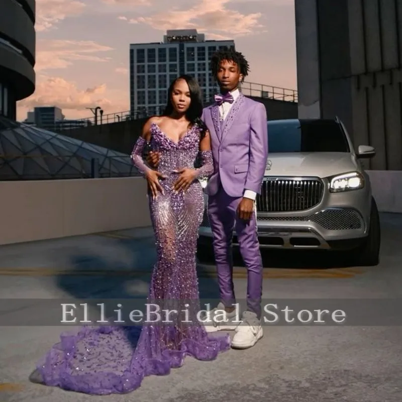 高級パープルウエディングドレス 2026 V ネッククリスタルスパンコールパーティードレス取り外し可能な袖アフリカ人魚のイブニングドレスカスタマイズ