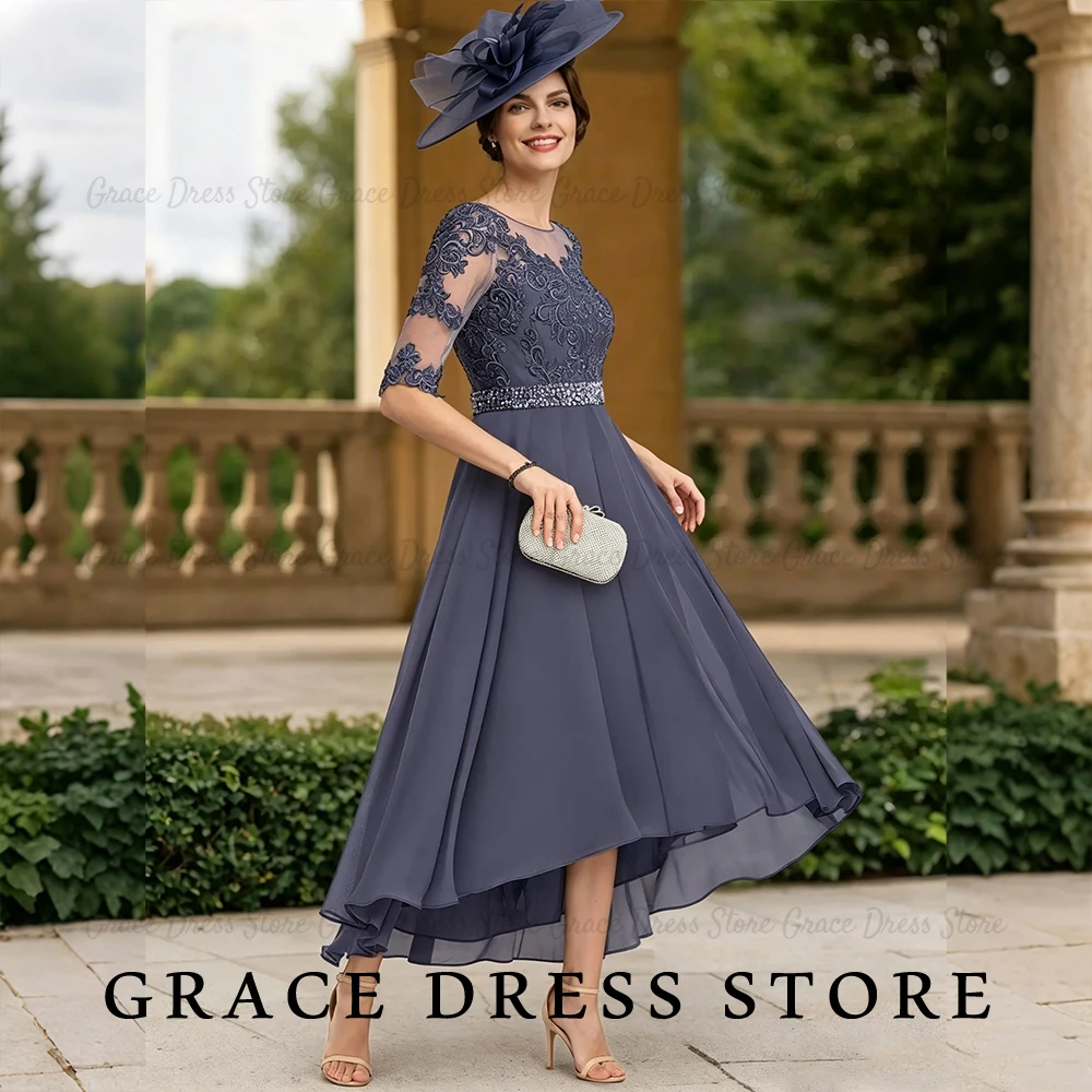 Grace Women's Wedding Party Attire Illusion Crew Neck Lace Chiffon vestidos de festa A-Line High Low Guest Dresses Customized