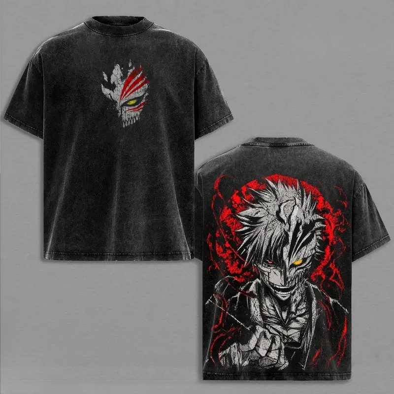 Anime BLEACH Blood Chain Ichigo Kurosaki T-shirt Vintage Washed Oversized T Shirt Men Clothing Short Sleeve Soft Cotton Tee Top