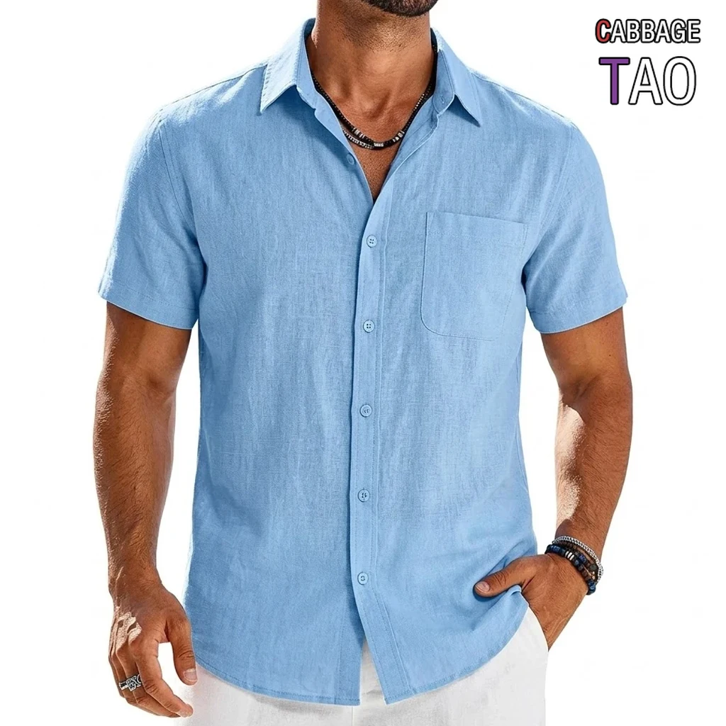 Mens Summer Premium Short Sleeve Tops Solid Color Luxury Tees Breathable Elegant Hawaiian Cotton Linen Shirts for Stylish Men
