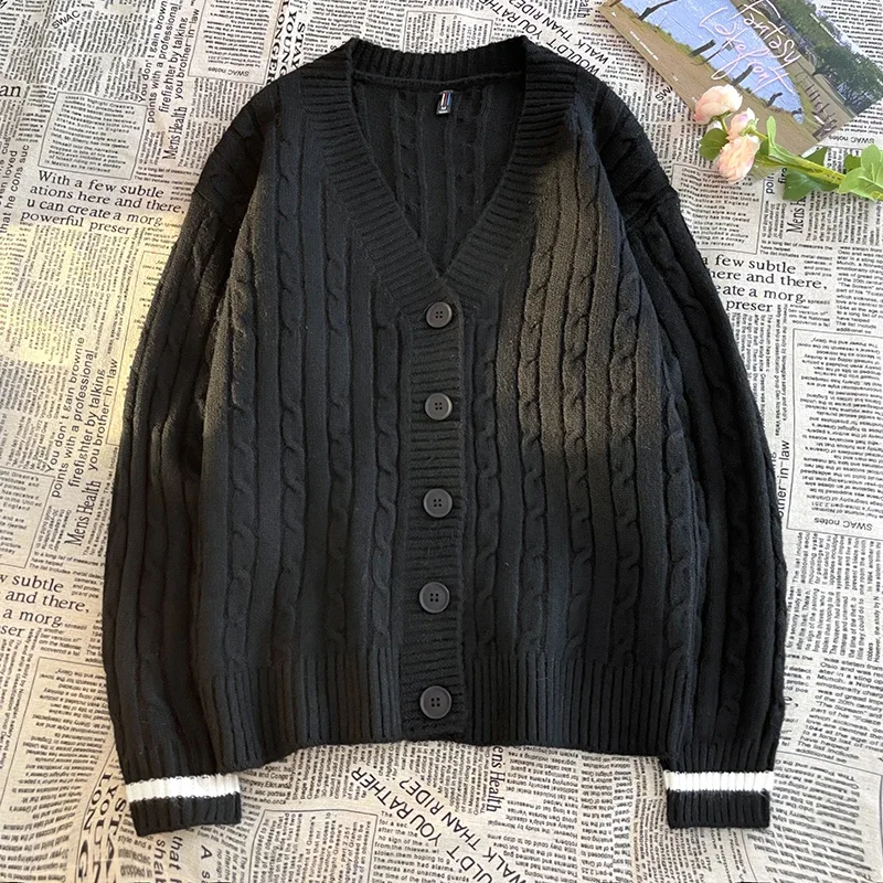 

Casual New V Neck Men Women Vintage Long Sleeve Sweatshirt Coat Warm Sweater Streetwear Outerwear Cardigan Knitted Ribbed Jacket