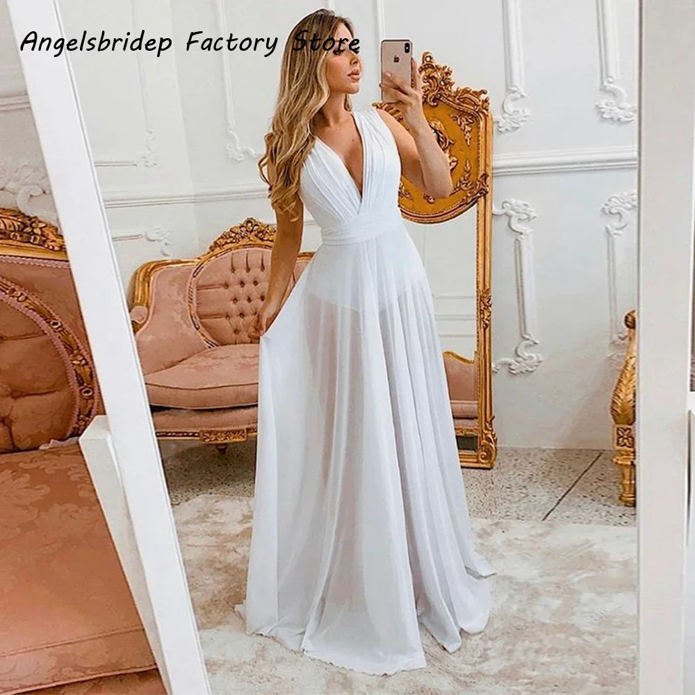 

Long White Chiffon Pleat Wedding Dress for Bridal 2022 V-neck Vestido Novia Sexy Beach Robe De Mariée Bride Gowns