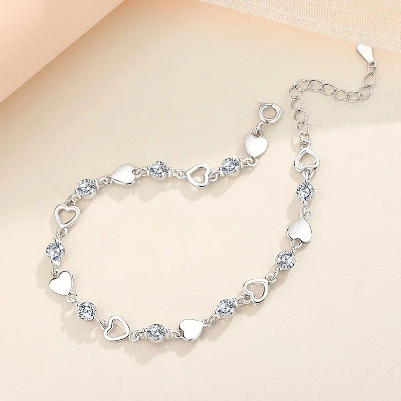 Pulsera fina de Plata de Ley 925 con forma de corazón para mujer, brazalete con dijes de circonita versátil coreana, joyería Original para fiesta, regalos