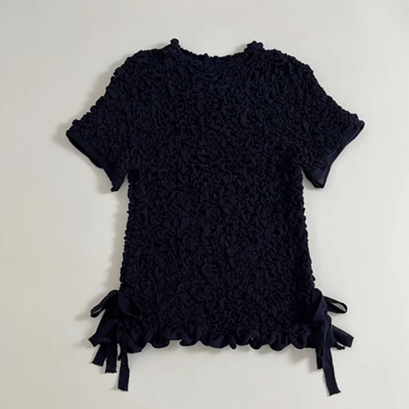 

Dave&Di 2026, весенняя черная футболка, женская одежда, женская одежда, футболка с круглым вырезом и бантом, женский трикотаж, свитера, топы