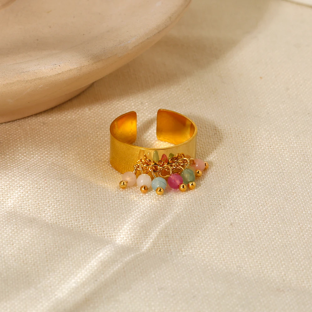 Trend 18K Gold Plated Stainless Steel Colorful Stone Tassel Open Wide Ring For Women Waterproof Jewelry Gift image 3