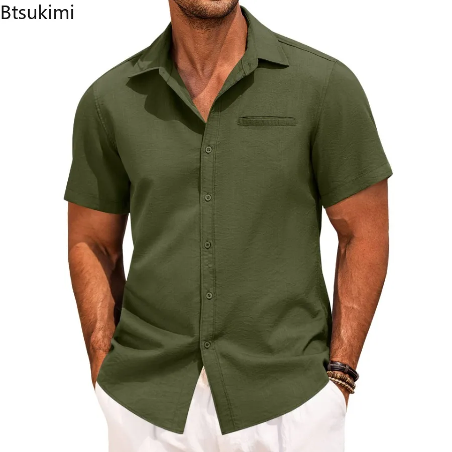 

2025 New Men's Summer Shirts Button Short-sleeved Lapel Office Casual Solid Color Tops Fashion Simple Invisible Pocket Blouses