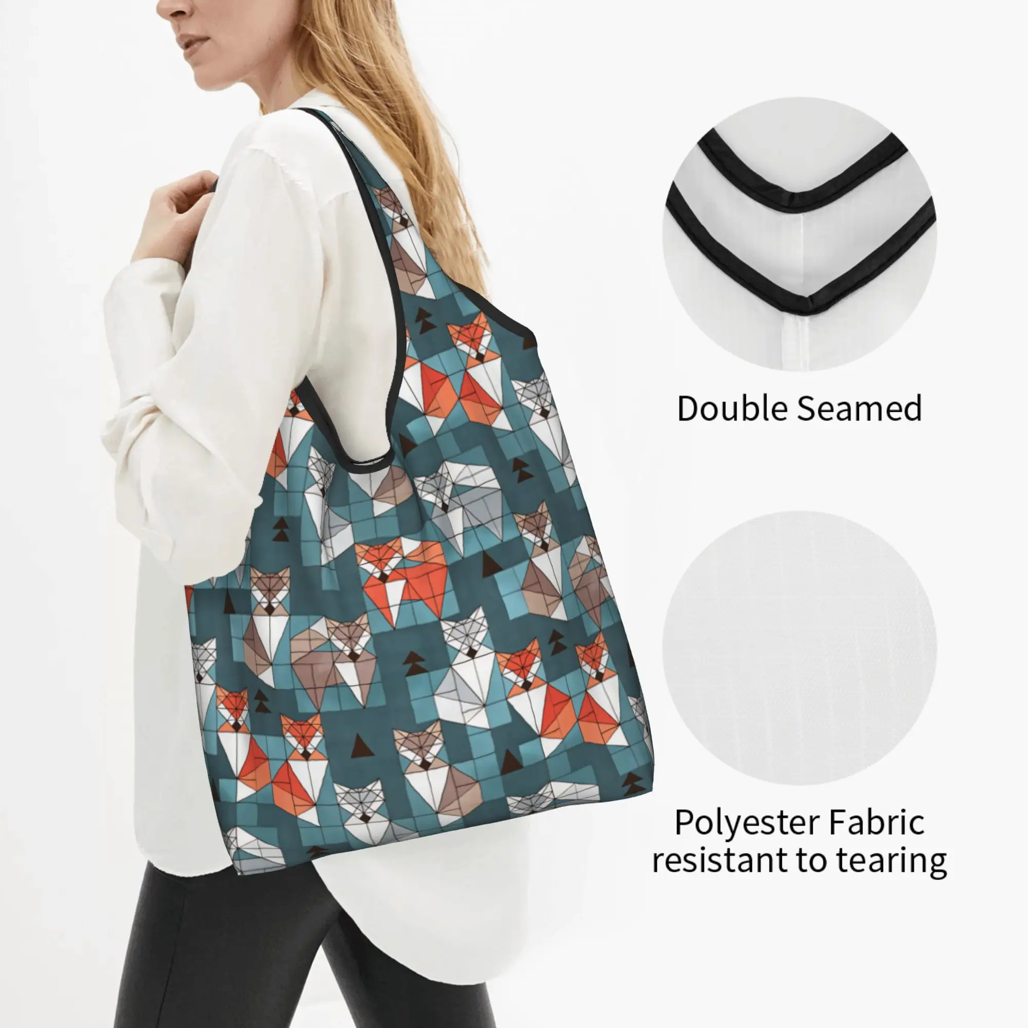 Small Scale Blocked Geometric Fox Groceries Shopping Bags Funny Shopper Tote Shoulder Bags Big Capacity Portable  Handbag