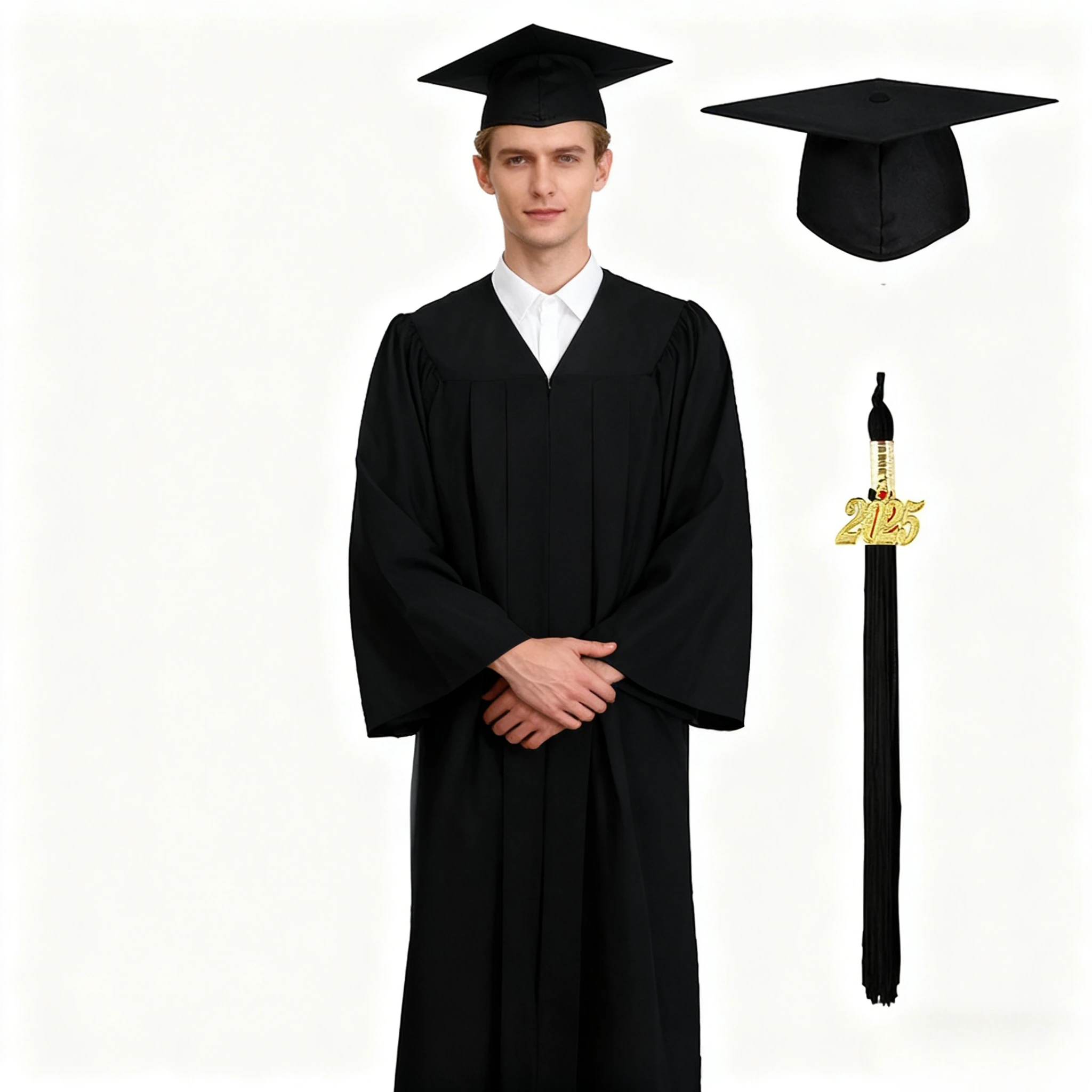 Conjunto de Toga de Formatura 2026 para Estudantes Universitários: Robe Acadêmico de Bacharel, Mestrado, Doutorado e Professor com Capelo e Borla
