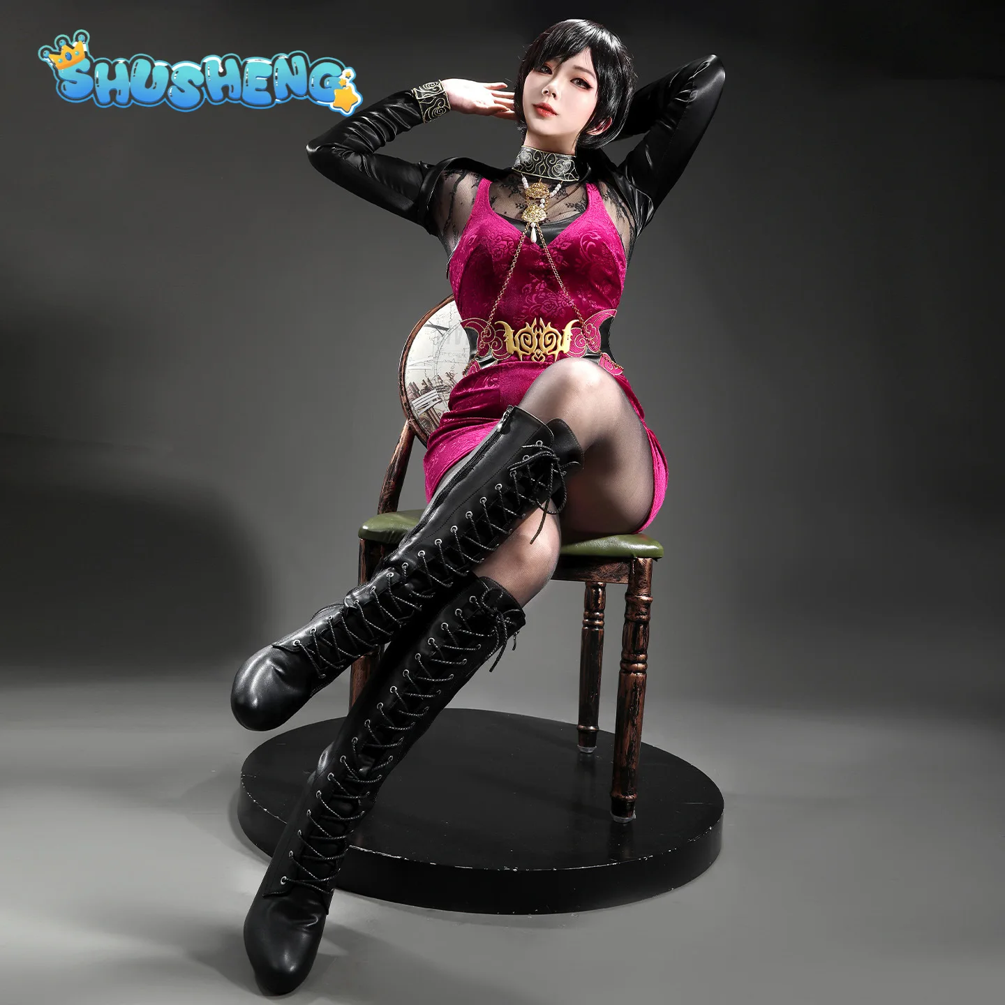 Ada Wong 30th anniversary Resident Evil Game Biohazard Cosplay Costume Halloween women man sexy gold velvet dress shoes suit view 3