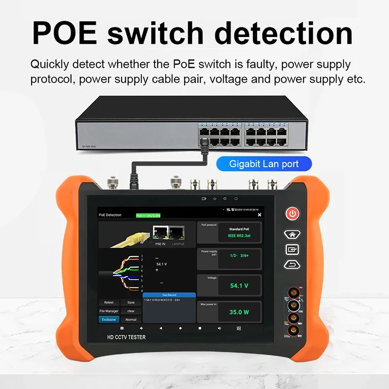 TOP Full Function IPC Tester X9-MOVTADHS Pro PoE++ 90W 8 inch 2K Retina Screen 8K H.265 IP CCTV Tester Cable Test