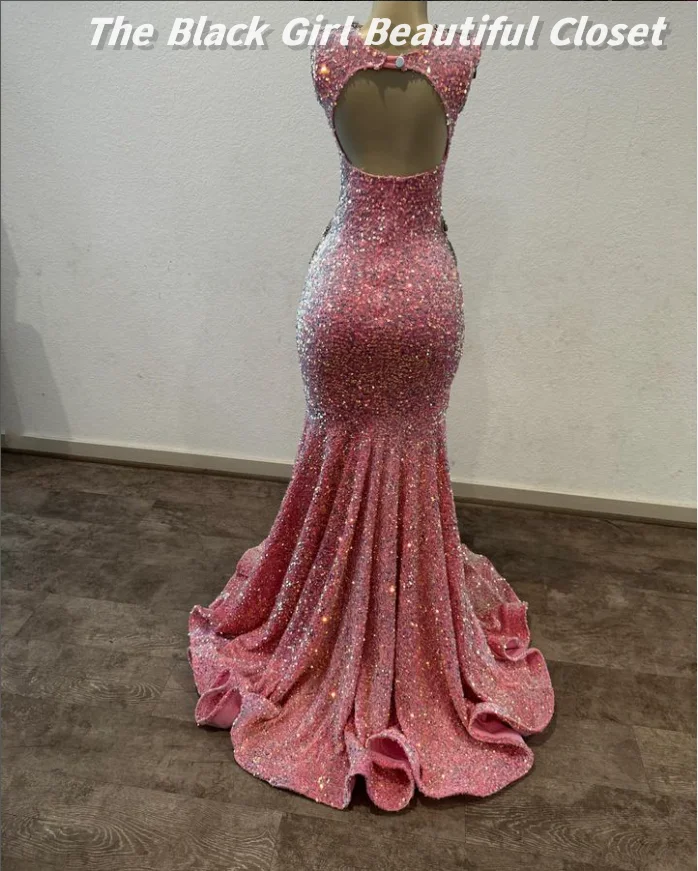 Noble Pink Prom Dresses Black Girls Shiny Rhinestone Beaded Sequins Formal Gowns New High Slit Fishtail Dresses