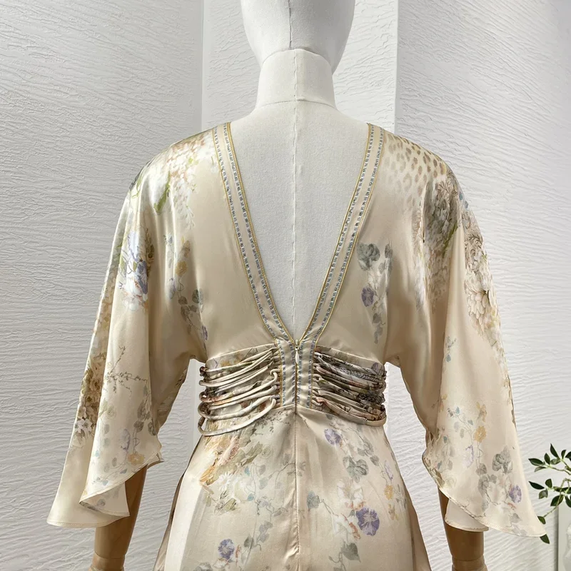 2024 Newest Luxury Silk High Quality Cross Straps Floral Print Graceful Backless Side Slits Women Midi Party Dress image 6