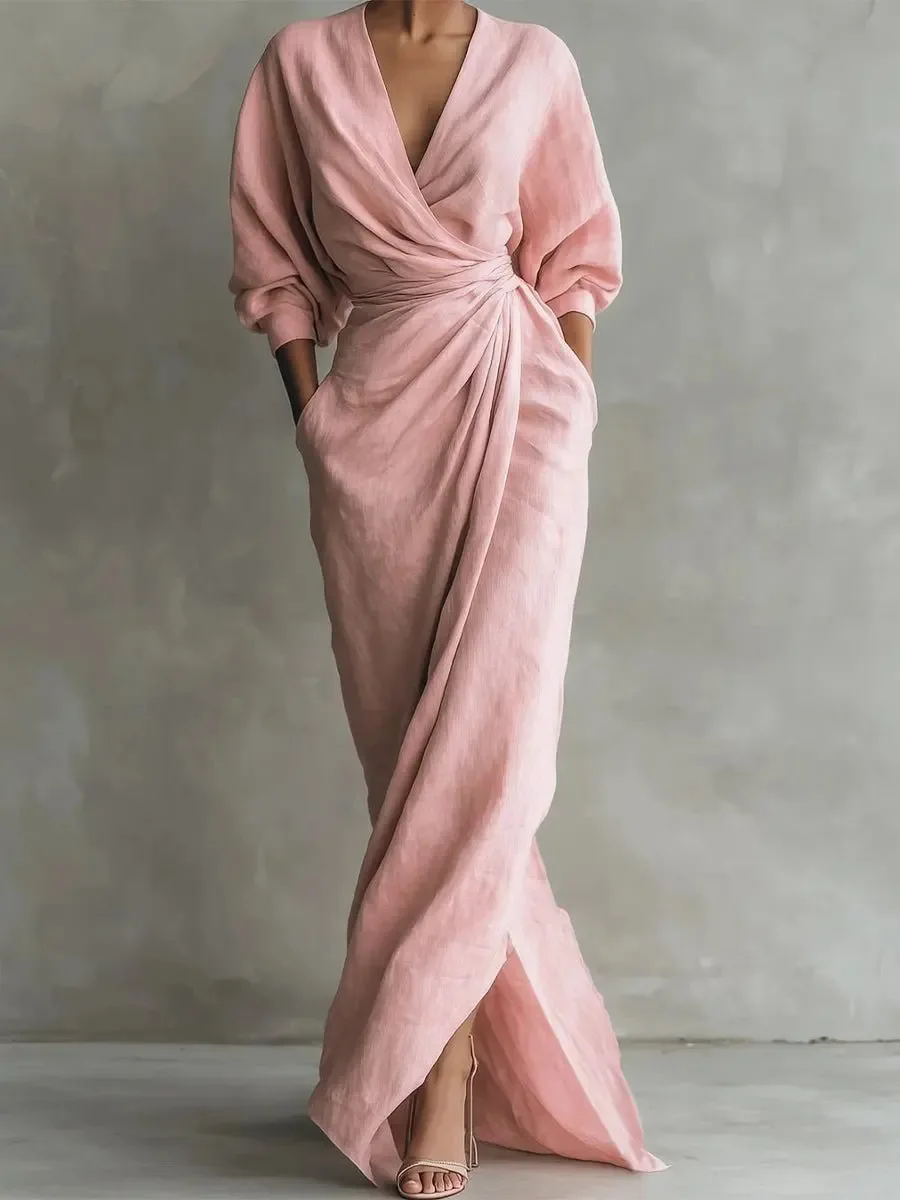 Damen Sexy Wickelkleid mit Halsausschnitt, Frühling 2026, Lässiges Einfarbiges Enganliegendes Kleid, Elegantes Langärmliges Kleid mit Schlitz, Extralanger Rock