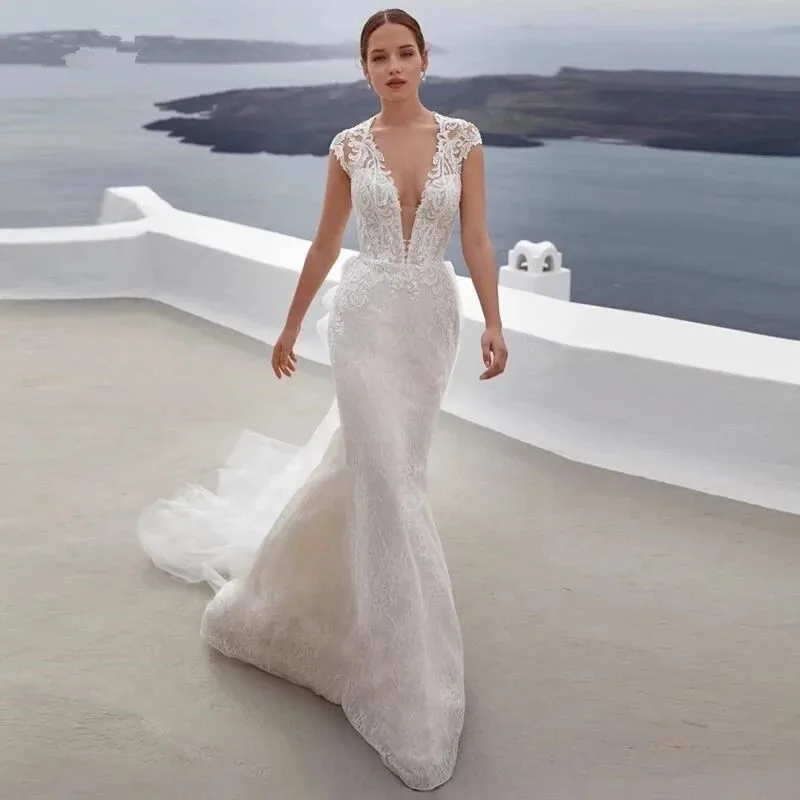 Abito da sposa Sexy con scollo a v profondo 2023 guaina da spiaggia con spalle scoperte abito da sposa in pizzo per donna Tulle senza schienale Vestido De Novia