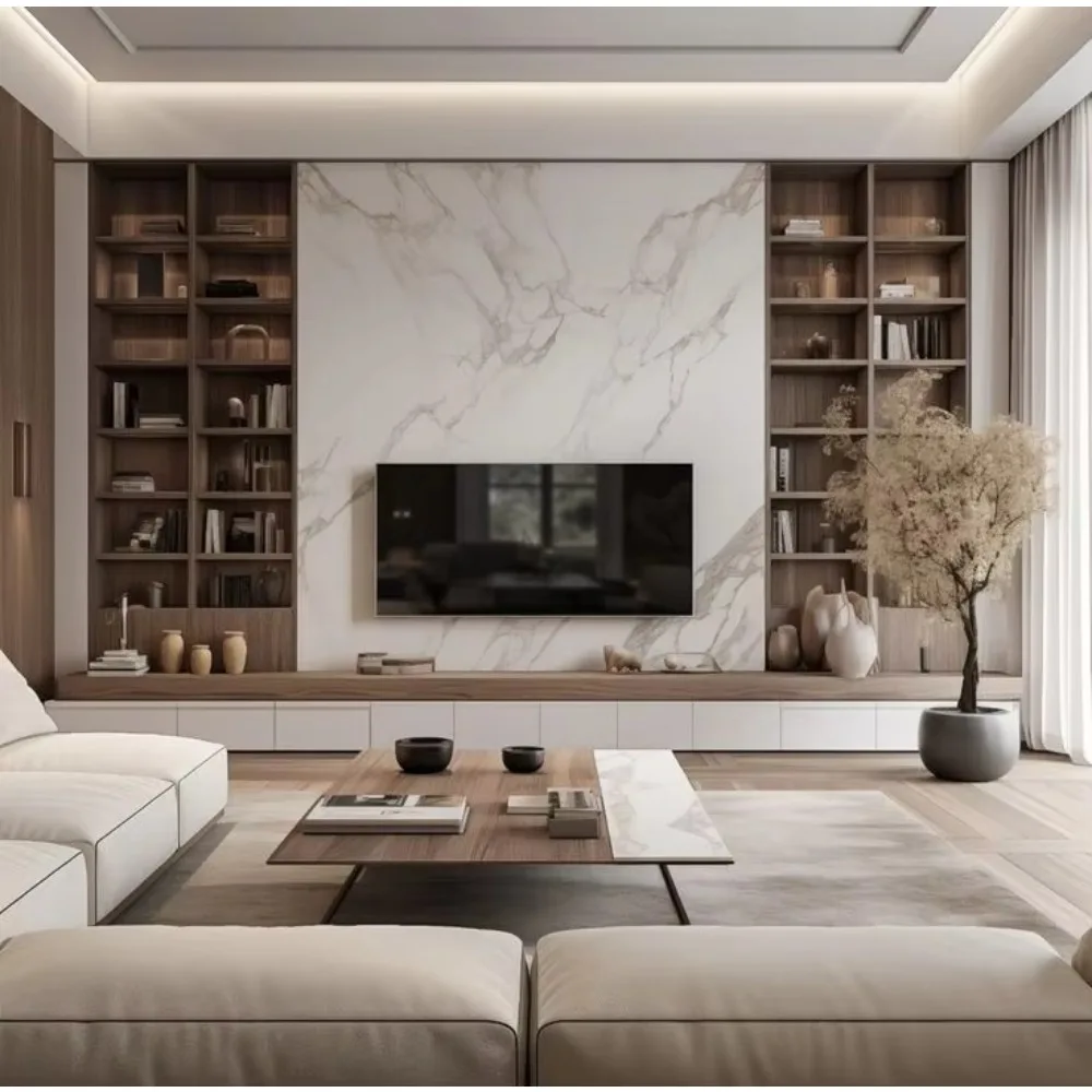 Custom Matt Modern Living Room Designs Cabinets Storage Wood Grain Veneer TV Wall Cabinet Cupboard