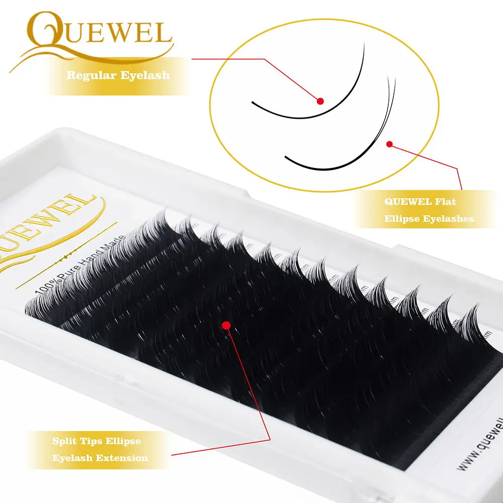 Quewel Ellipse Flat Eyelash Split Tips Silk Eye Lash Extension Natural False Eyelashes Matte Black Lashes Light Faux Cils