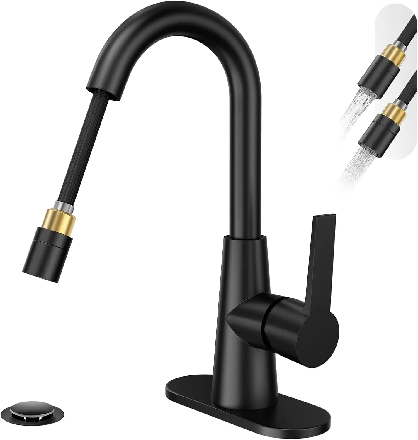 

Высокий смеситель для раковины в ванную комнату с изогнутым изливом, выдвижной лейкой, одной ручкой и сливным клапаном Pop-Up, смеситель для хозяйственной раковины