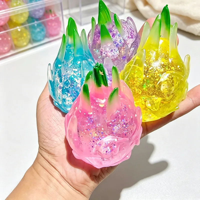 Hot Dragon Fruit Squishy Toy Transparent Glitter Soft Rubber Stress Relief Fidget Toy for Kids Students Slow Rebound Squeeze Toy