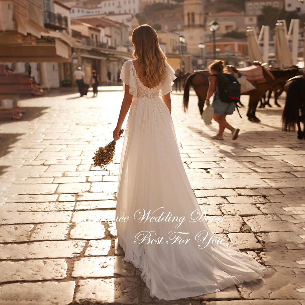 Elegante renda a linha vestido de casamento plissado batwing mangas abertas volta chiffon appliqued vestido de noiva vestidos de novia personalizado
