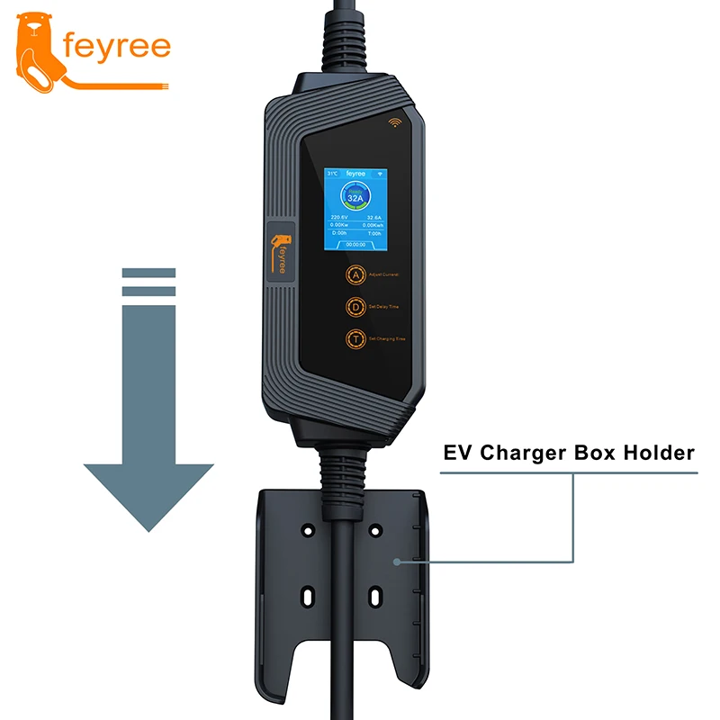 feyree 50A 12KW Type1 Portable EV Charger 1 Phase J1772 Socket with 14-50 Plug 5m Cable Current Adjustable Charging Box Holder