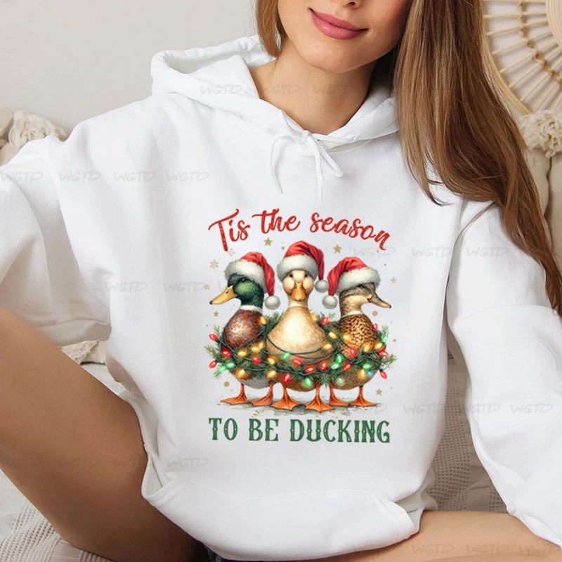 Tis The Season To Be Ducking Womens Christmas Hoodie Holiday Group Cartoon Sweatshirt Festive Watercolor Lights Ducks Hoodies