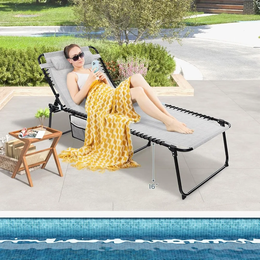 

Chaise Lounge Chair Outdoor, Extra Large Folding 5-Postion Beach Lounger with Detachable Pillow, Side Pocket。