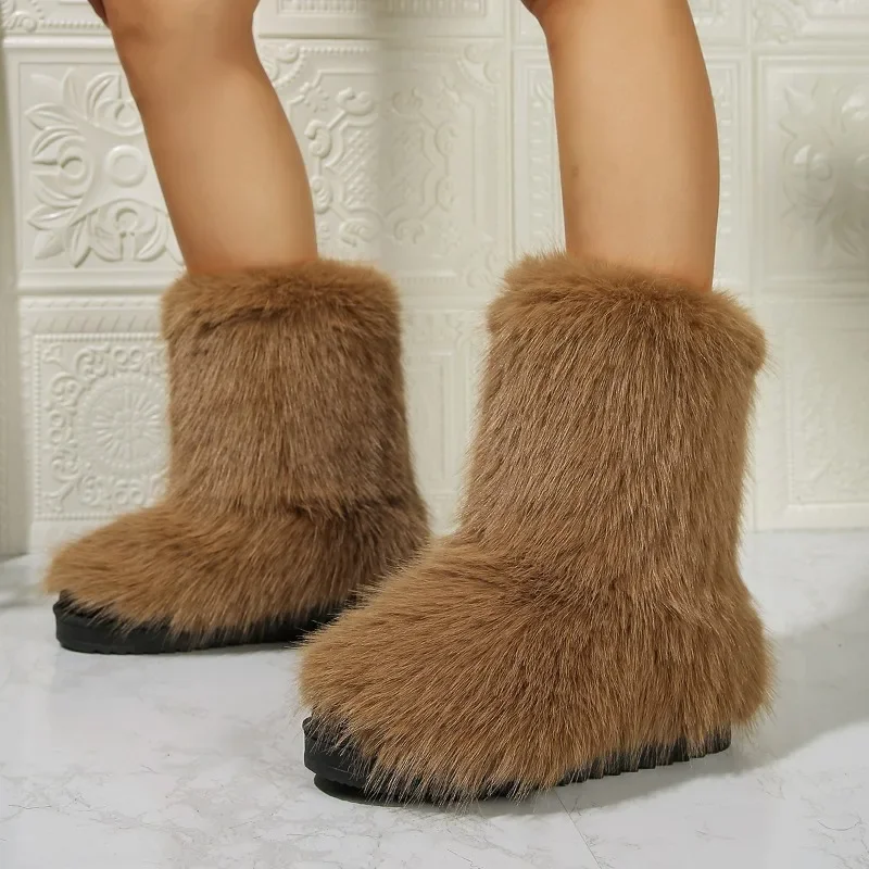 Winter Women Fluffy Faux Fox Fur Boots Woman Plush Warm Snow Boots Luxury Footwear Girls Furry Fur Bottes Fashion Winter Shoe