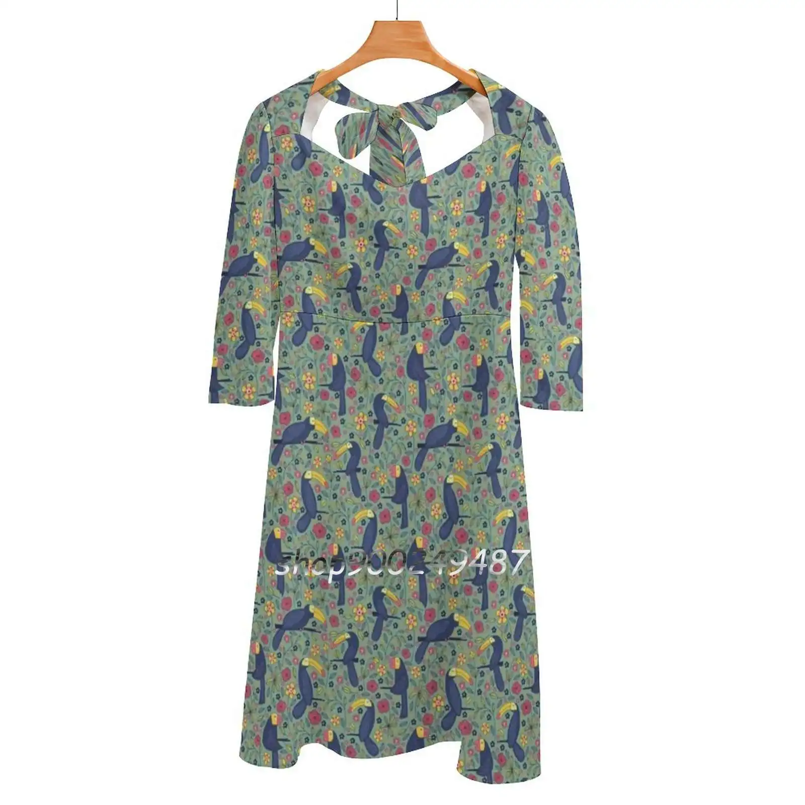 Pattern 83-Toucans And Parrots Tropical Dream Square Neck Dress Cute Loose Print Dresses Elegant Beach Party Dress Toucans