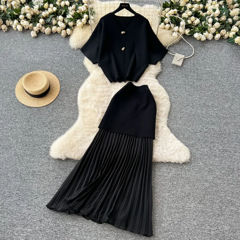 Knit Two Piece Women Top Dress Sets Party Sleeveless Button Y2K  Evening Dresses Elastic Waist V Neck Night Vestidos Summer 2026
