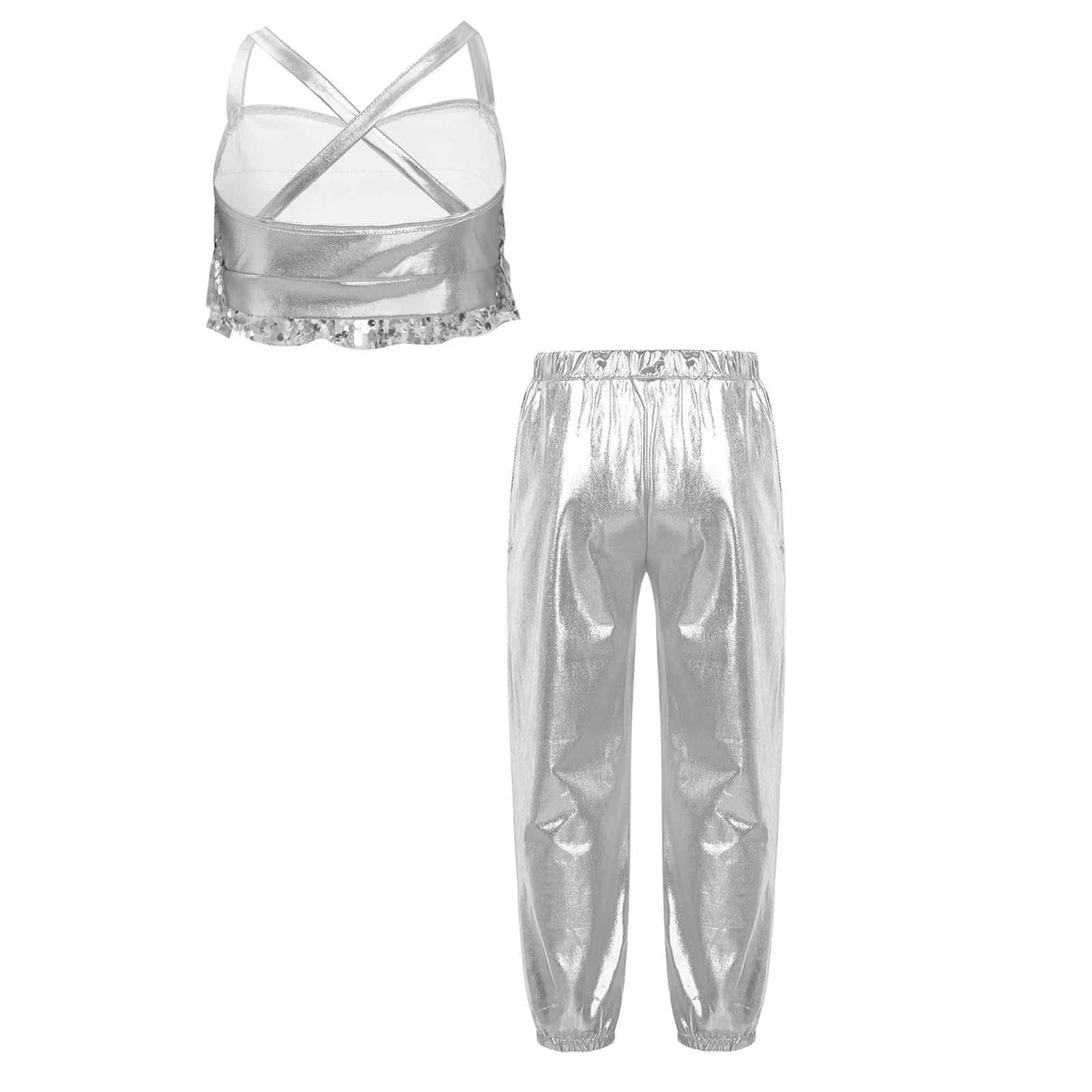 Kinder Mädchen Jazz Hip Hop Street Dance Kostüm Glitzernde Pailletten Camisole Crop Top mit metallischen Hosen Set für Bühnenauftritt