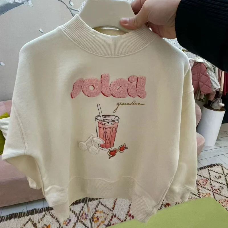 Girls Embroidered Terry Sweatshirt 2026 BP Autumn Winter White Crew Neck Pullover Cute Top