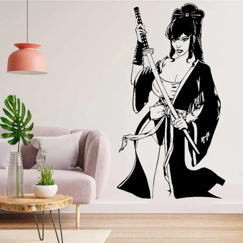 Japanese traditional female geisha wall sticker Bushido spirit sword spa club japanese restaurant decoration vinyl decal mural 6