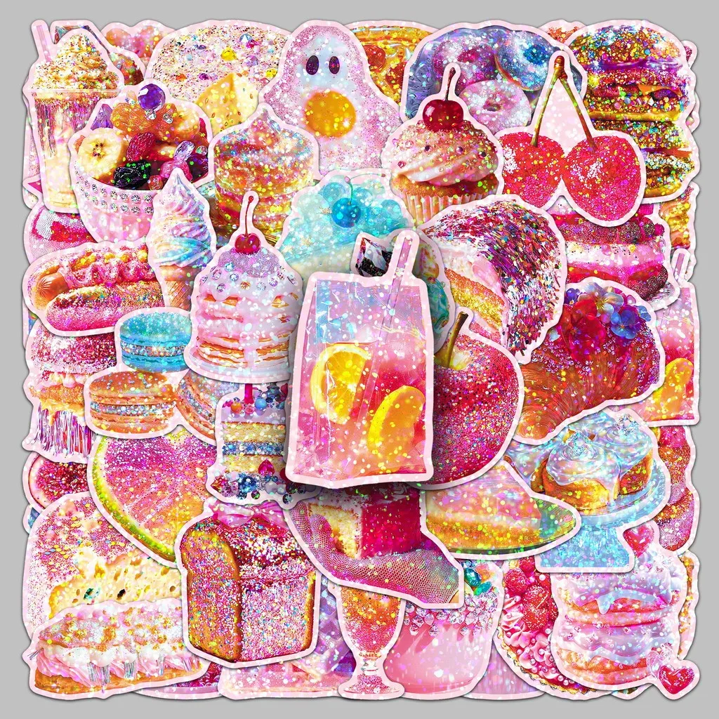 50 Uds. Pegatinas holográficas de sobrecarga dulce láser, calcomanías de postre brillantes impermeables para suministros de diario, LanLanStickersWorld Store