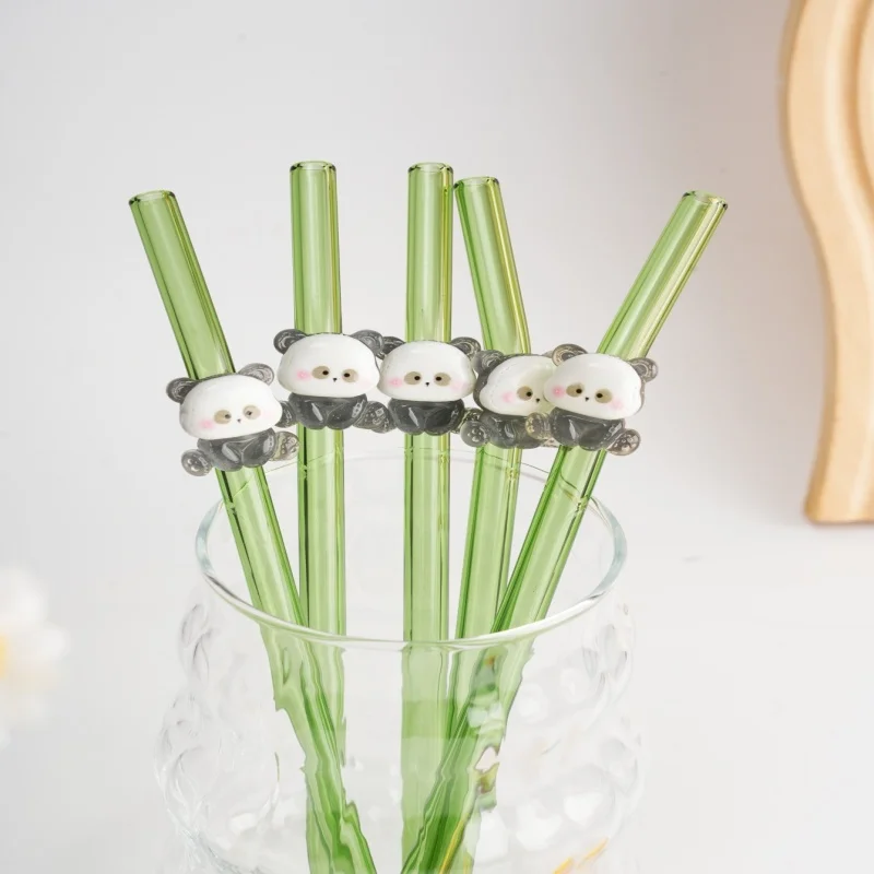 Panda Green Curved Glass Straw,Reusable with Panda Decor. Perfect for Cocktails, Smoothies, Pool Parties, Weddings, Beach