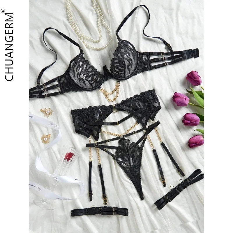 CHUANGERM Black Flame Embroidery Female Underwear Onlyfan Sexy Ligeries Valentine's Day Lingerie Set Hollow Ribbon Women Erotic