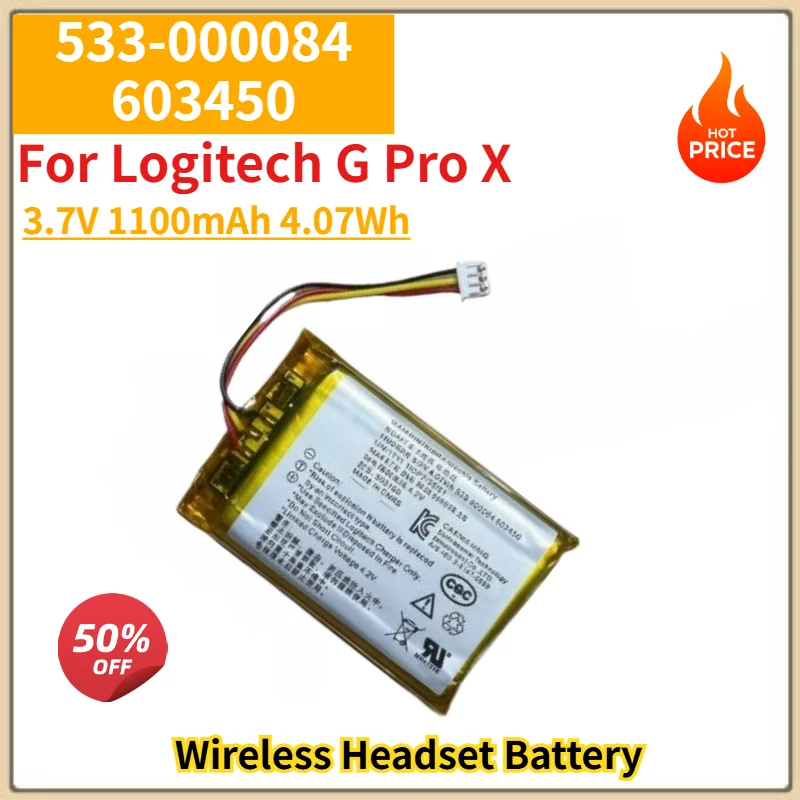 533-000084 603450 Battery 3.7V 1100mAh 4.07Wh for Logitech G Pro X Wireless Headset High Quality Replacement Battery
