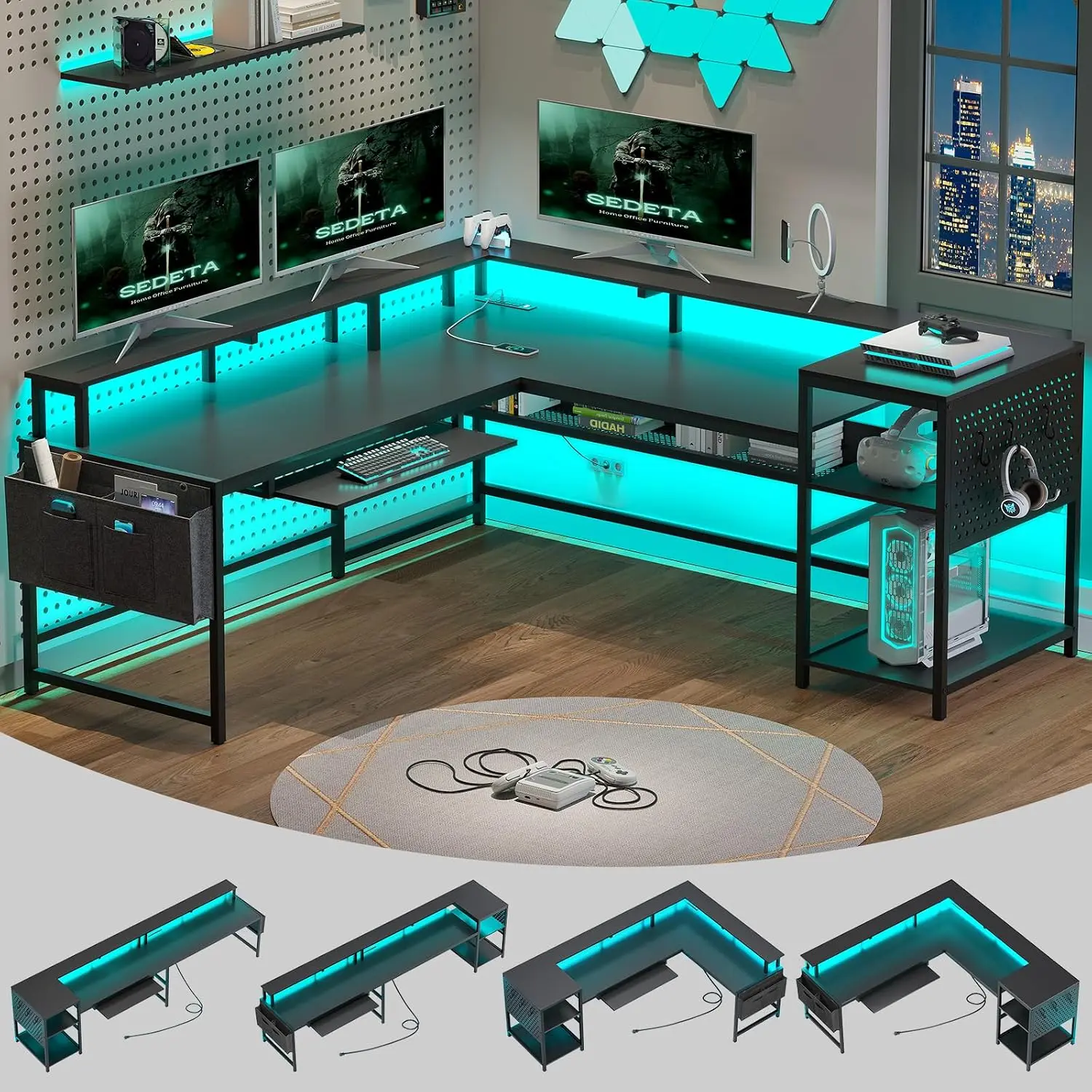 L Shaped Gaming Desk with Power Outlets & LED Light, Monitor Stand, Keyboard Tray, Pegboard & Storage Shelves, Black, Customized
